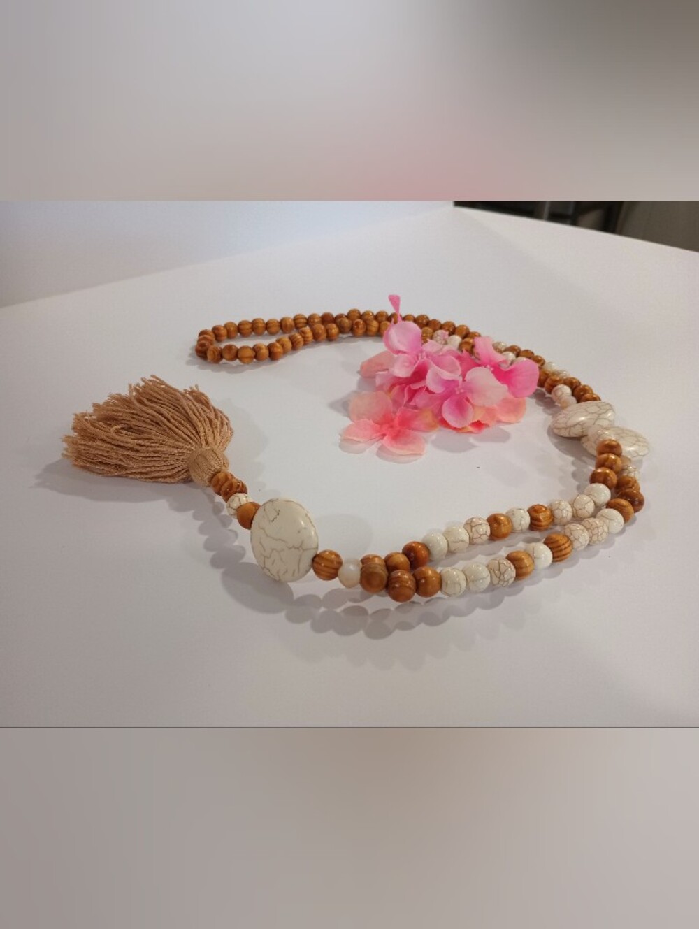 Beaded Tassel Necklace with White Stone Accents - Brown & Cream